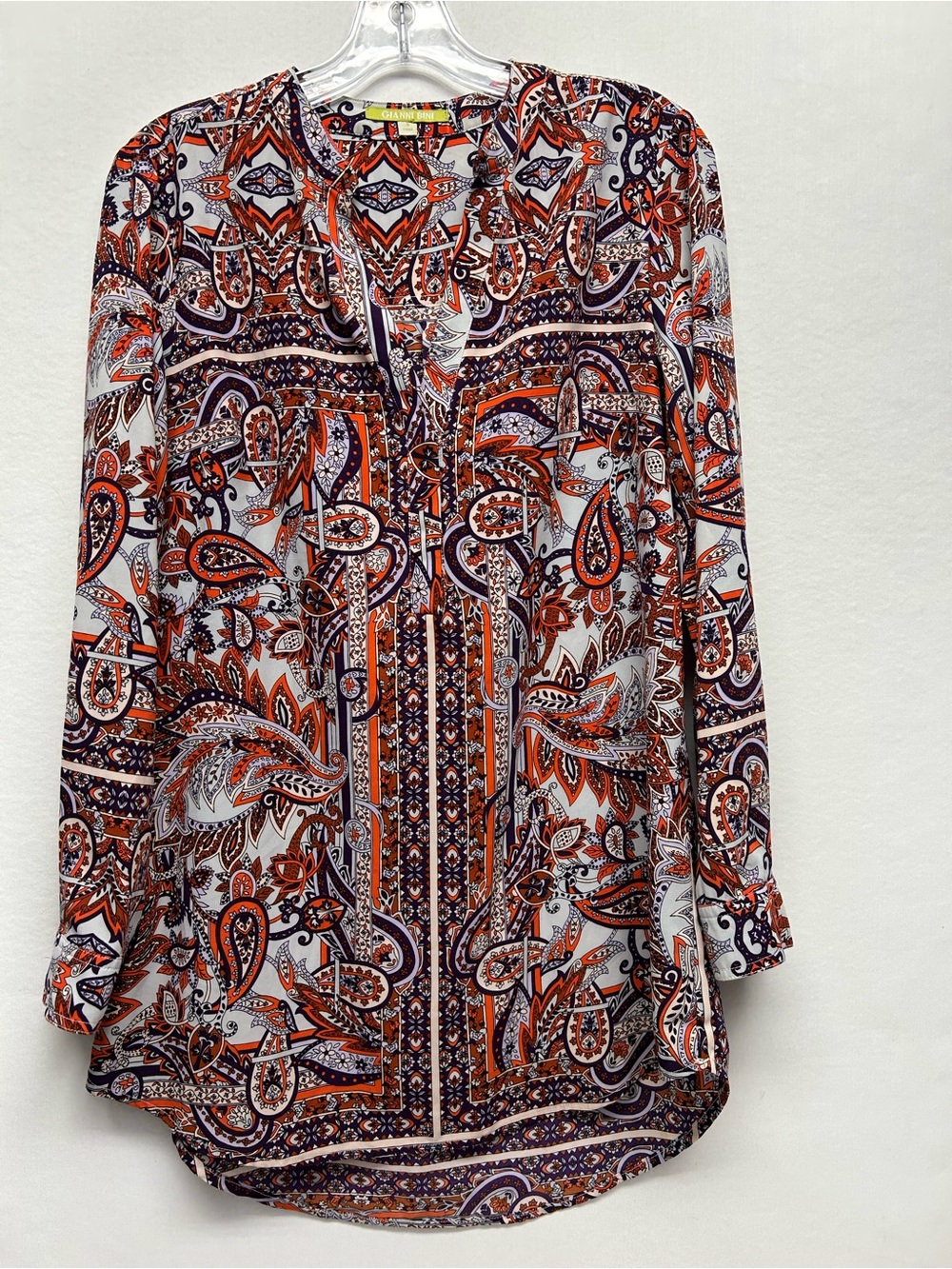 Gianni Bini Orange Navy Paisley Split-Neck Tunic Blouse